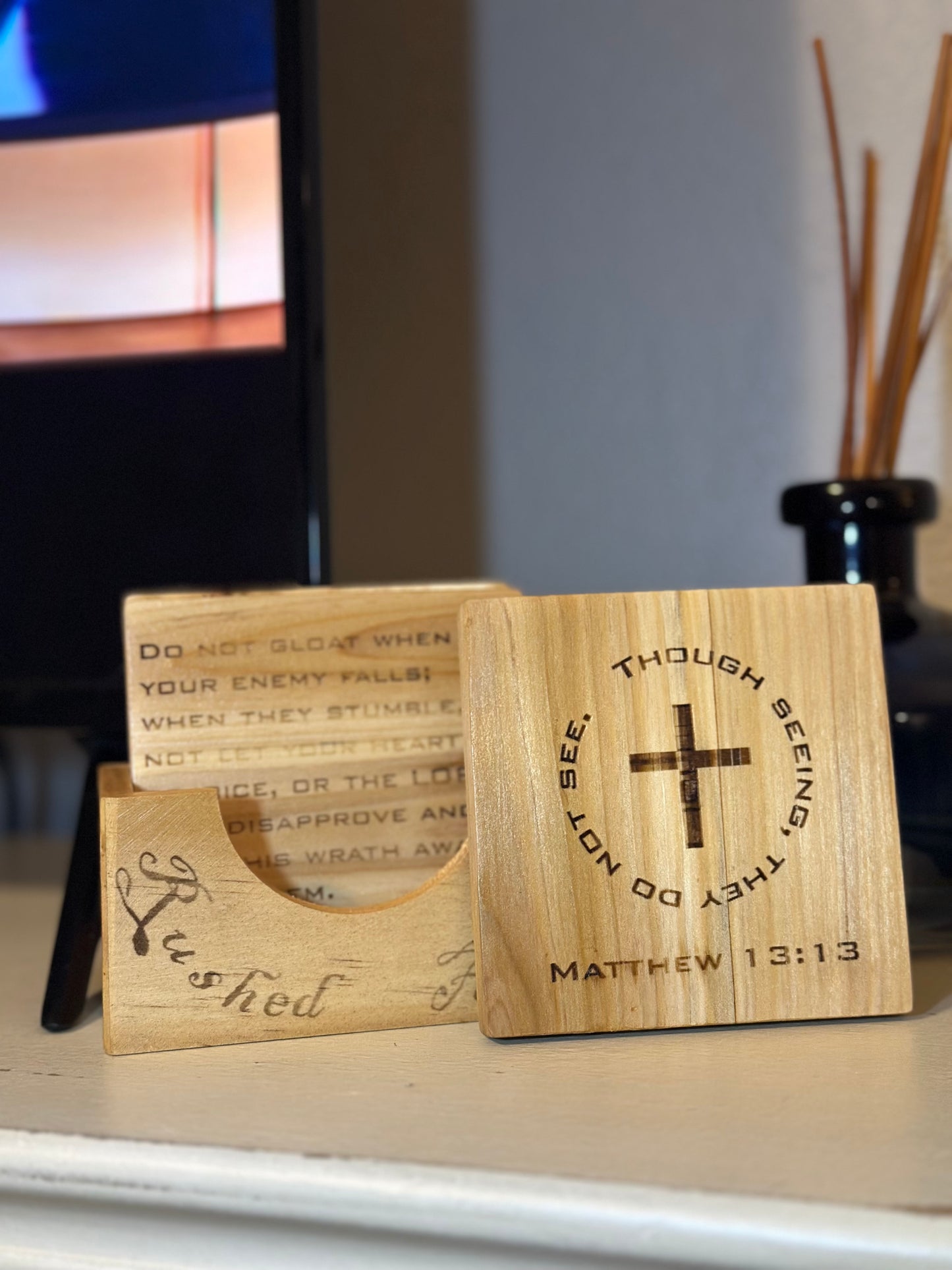 Rushed Antics Scripture Coaster Set (4 coasters / 1 holder)