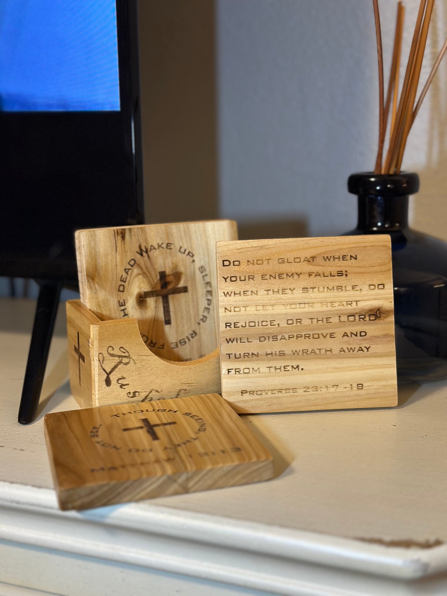 Rushed Antics Scripture Coaster Set (4 coasters / 1 holder)