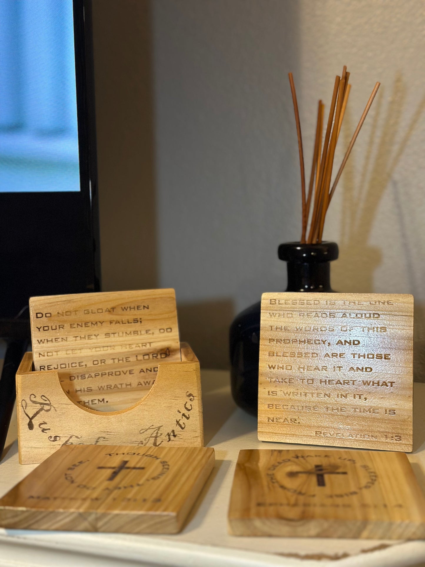 Rushed Antics Scripture Coaster Set (4 coasters / 1 holder)