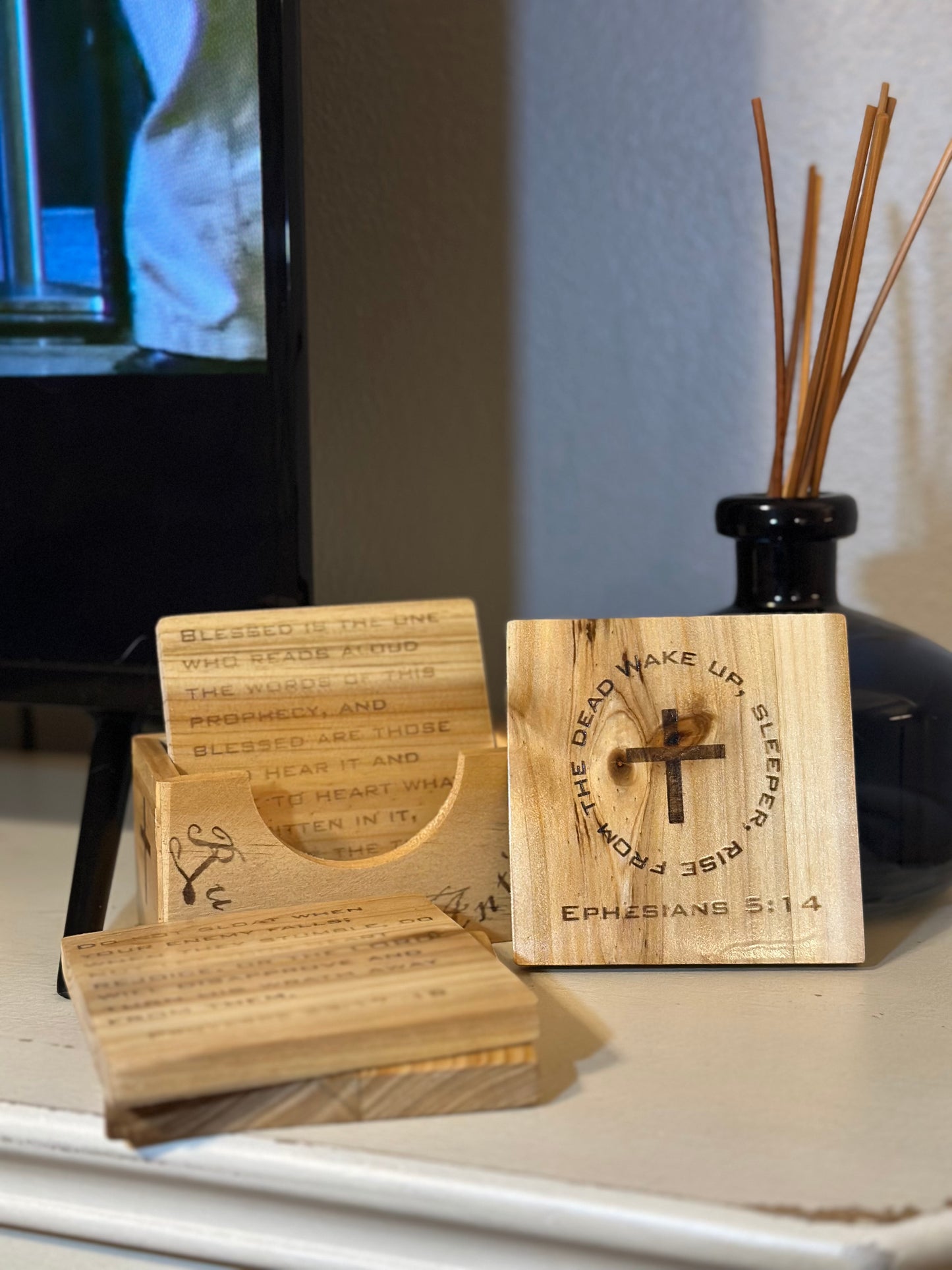 Rushed Antics Scripture Coaster Set (4 coasters / 1 holder)